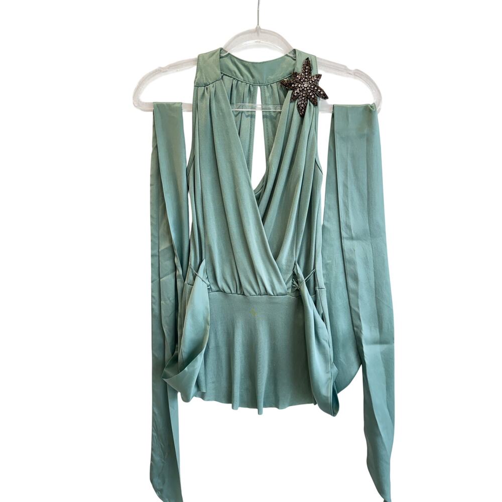 Vintage Y2K Sage Green Draped Halter Top Star Brooch Made USA v neck sexy Sz S - Picture 1 of 7